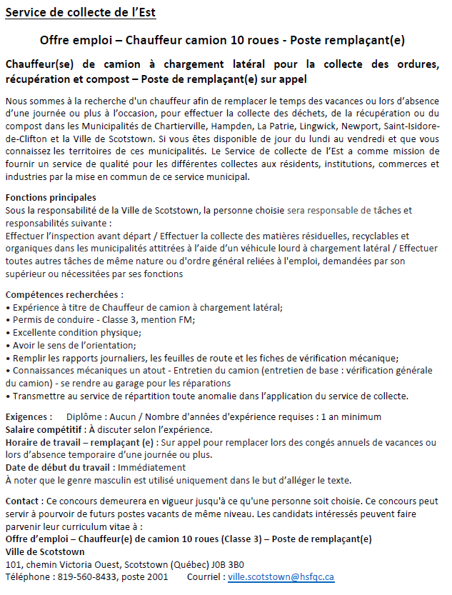 Offre d'emplois - Service de collecte de l'Est